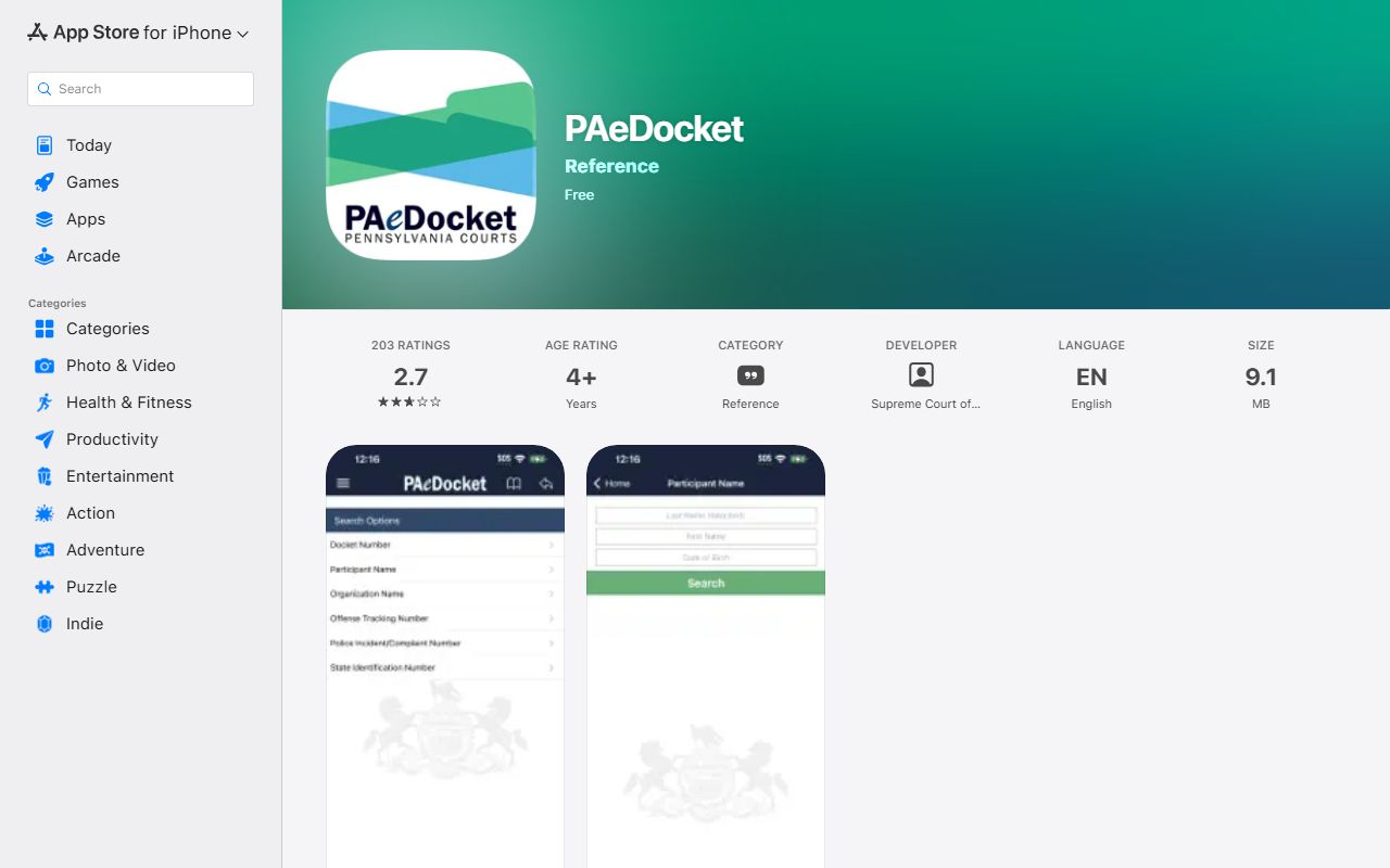 Northampton County court dockets PAeDocket iOS app listing
