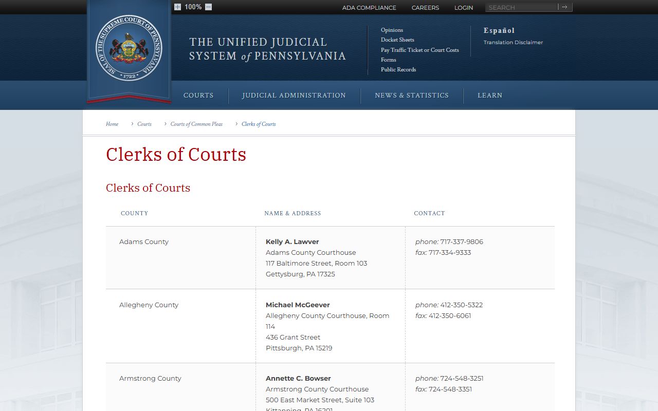 Northampton County criminal court records Pennsylvania clerks of courts directory