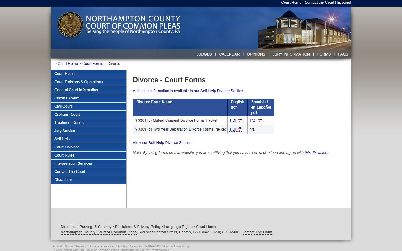 Northampton County marriage and divorce records forms page