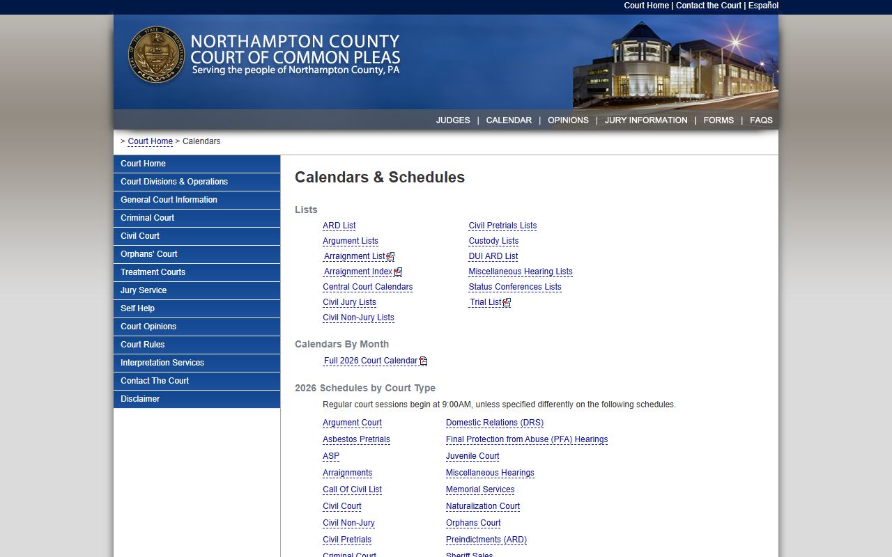 Northampton County court records court calendars