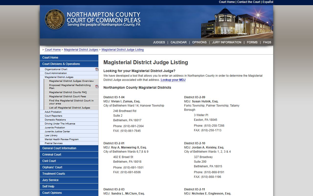 Northampton County court records Magisterial District Judge listing