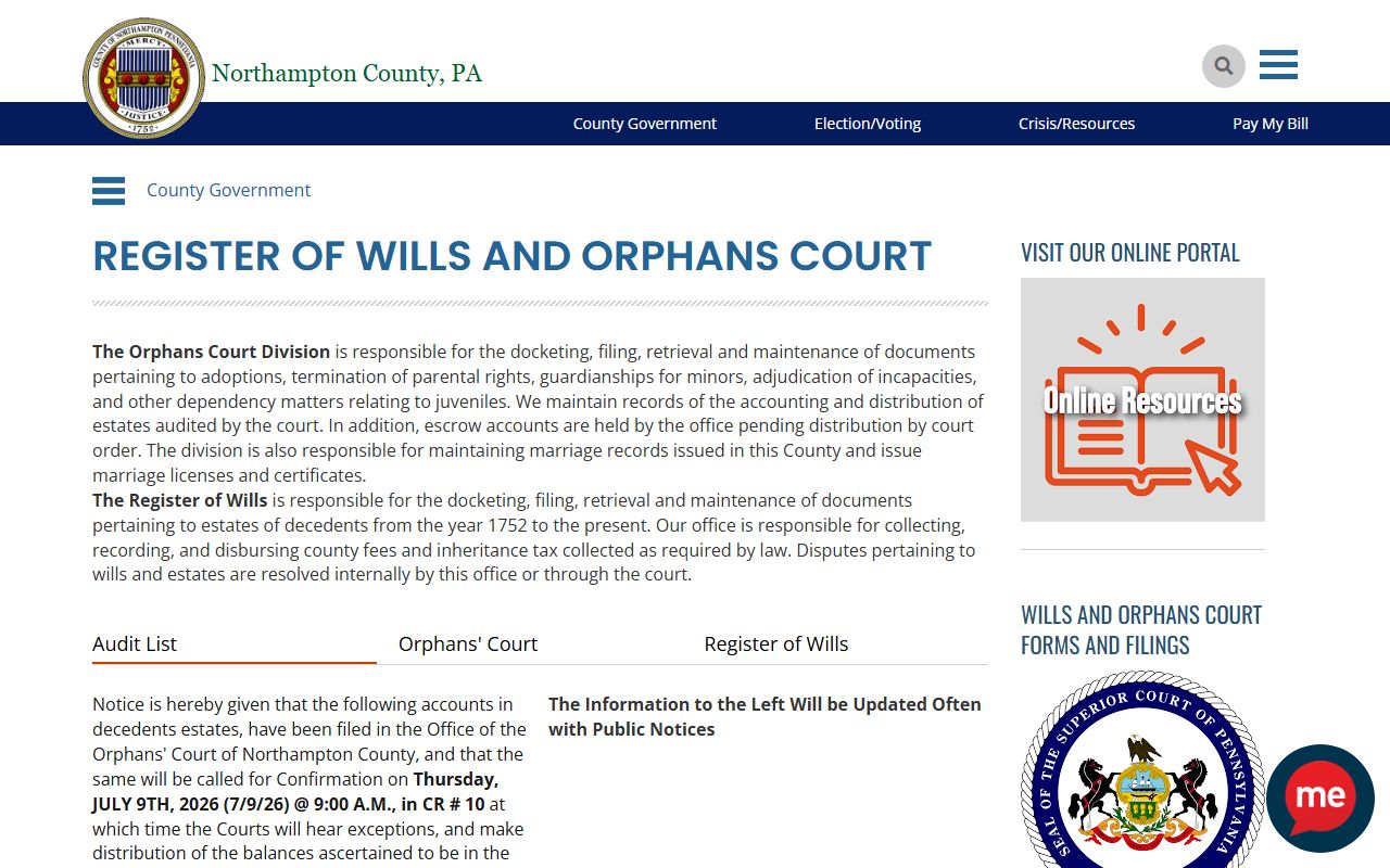 Northampton County Orphans' Court probate records Register of Wills page