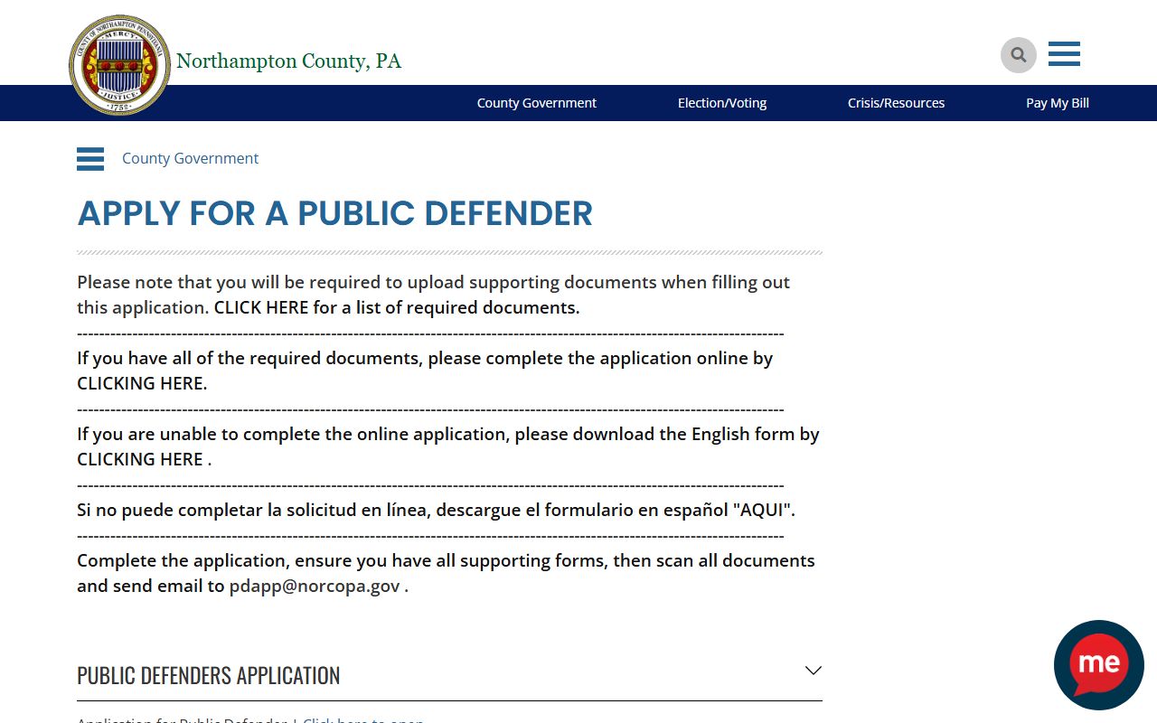 Northampton County warrant records Public Defender application page